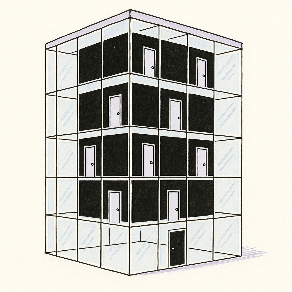 Illustration of a glass building with opaque rooms inside