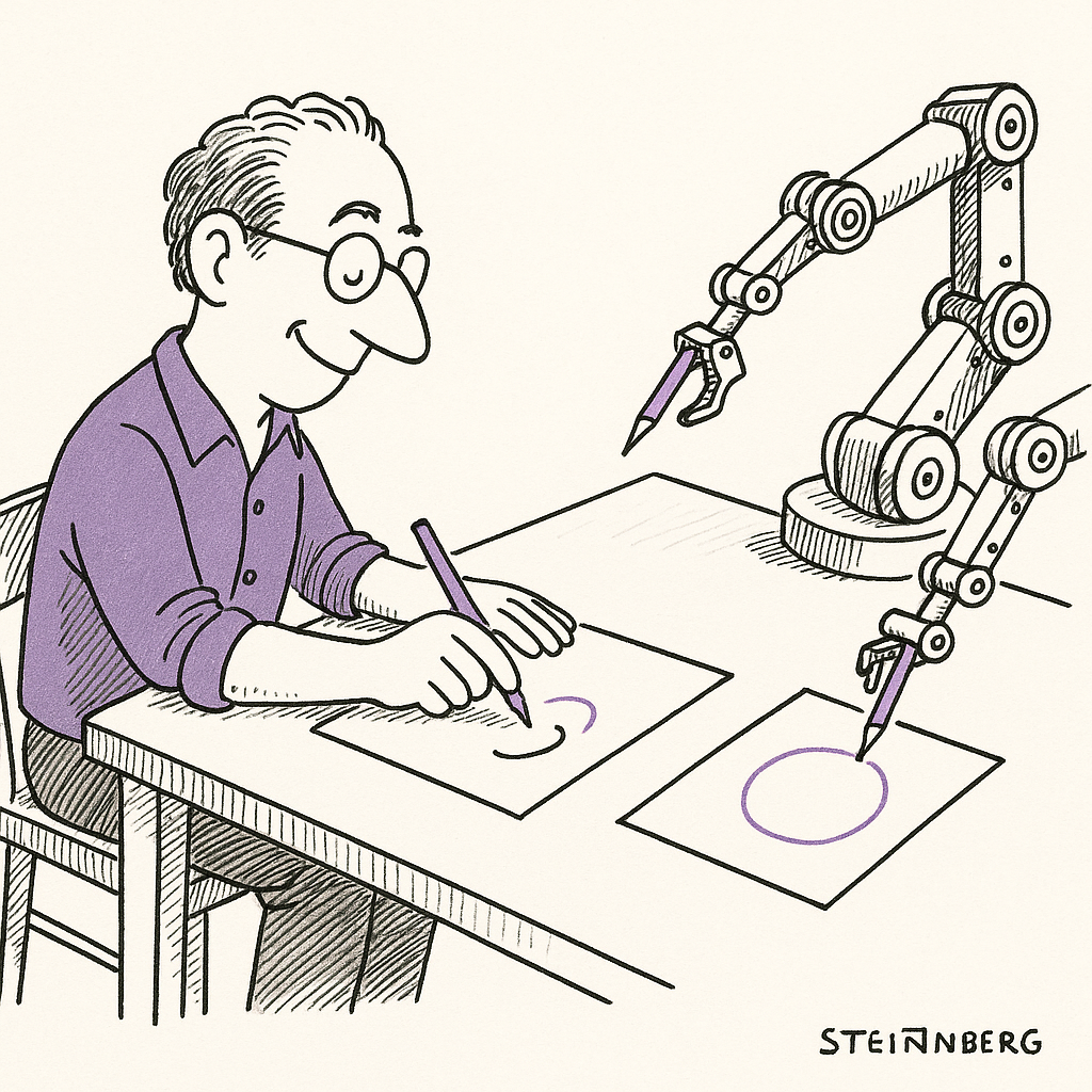 A human figure drawing by hand while robotic arms attempt to copy, producing only generic shapes