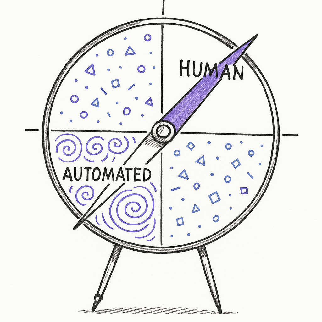 A compass with needle pointing to a quadrant labeled "Human" while AI-generated noise swirls around the edges