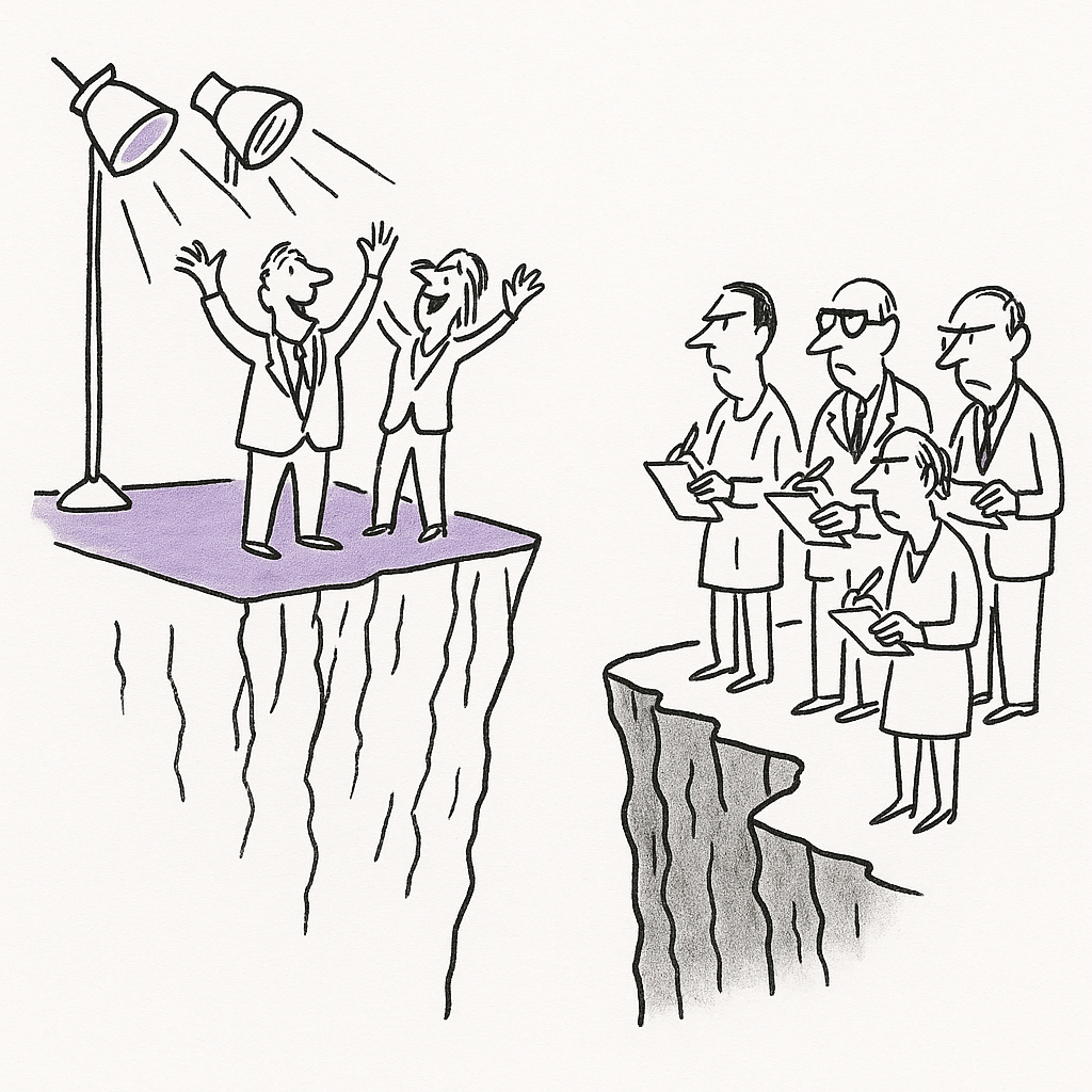 A crowd of vendors on stage with spotlights, separated by a chasm from skeptical observers taking notes