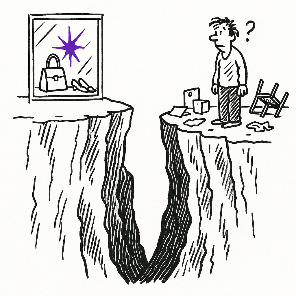 A conceptual illustration of a gap between a polished storefront and what happens behind it