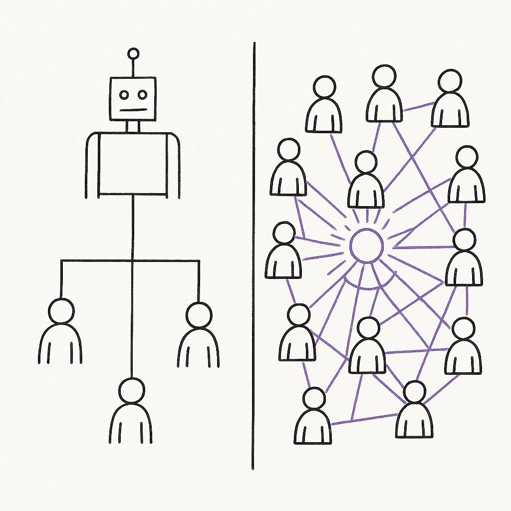 A Saul Steinberg-style illustration showing interconnected nodes and channels with information flowing between organizational units