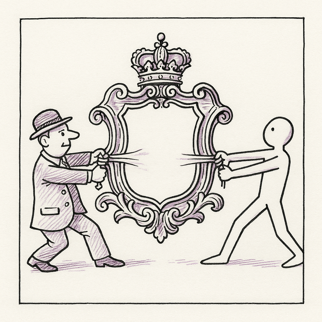 A Saul Steinberg-style illustration of a vintage brand logo being pulled in two directions - toward a modern consumer and toward a legacy customer