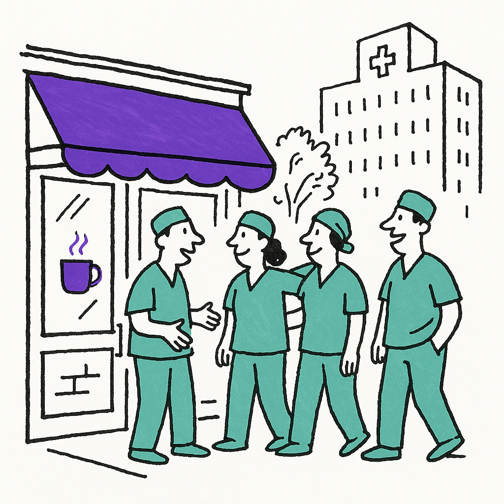 Medical professionals gathering at a community hub store rather than a mall