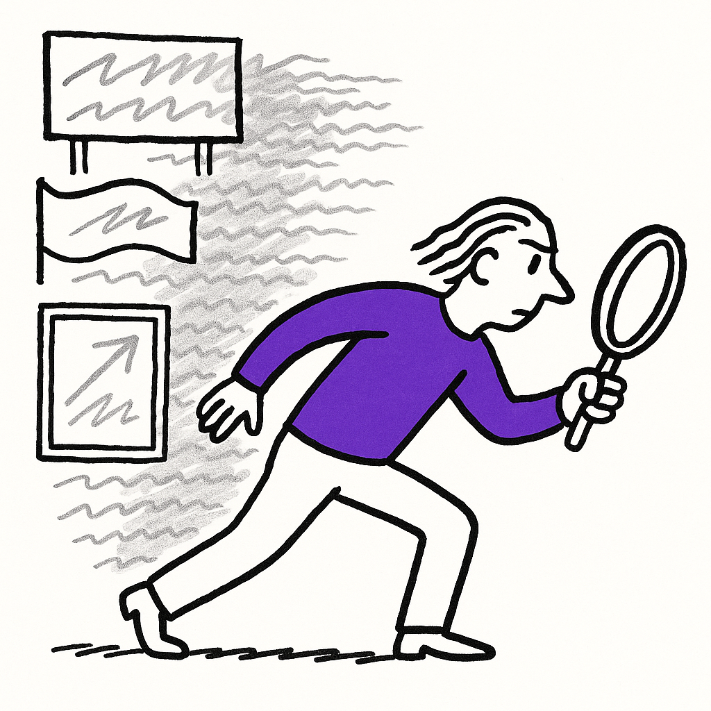 A person searching with purpose while billboards fade into background noise