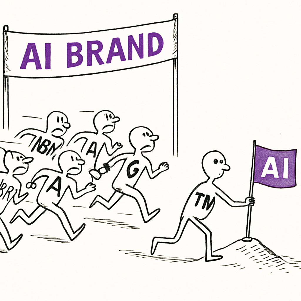 Two brands sprinting toward an AI finish line, Saul Steinberg illustration style
