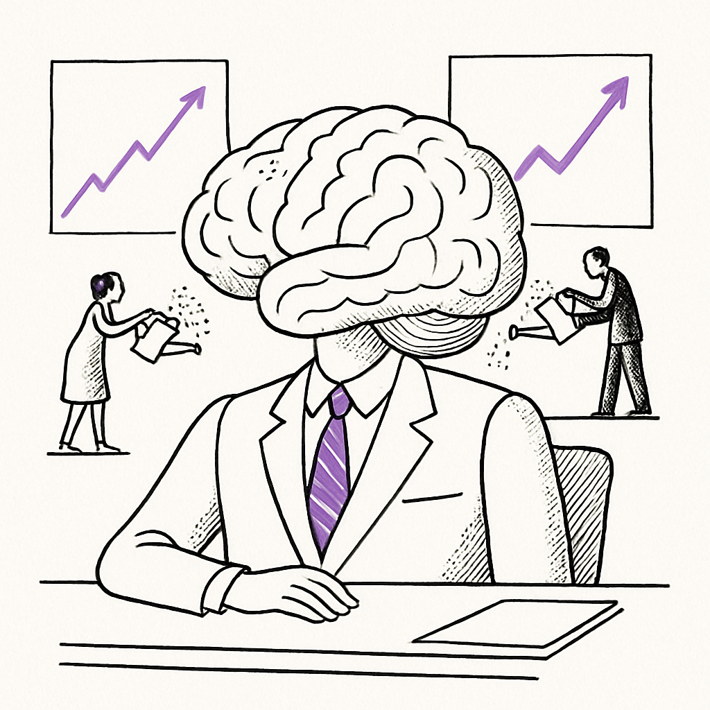 A human brain with investment charts and growth indicators surrounding it