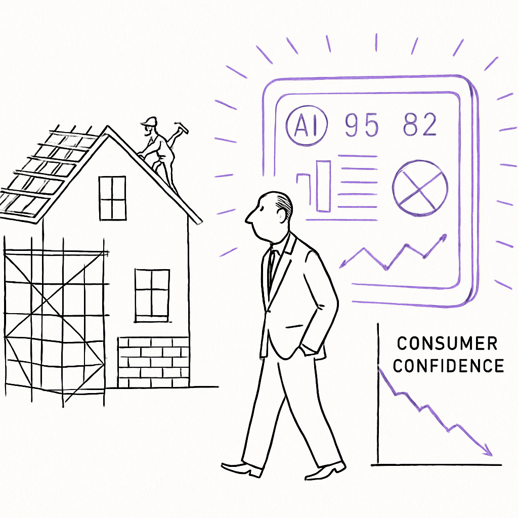A house under construction next to a chart showing consumer confidence trends