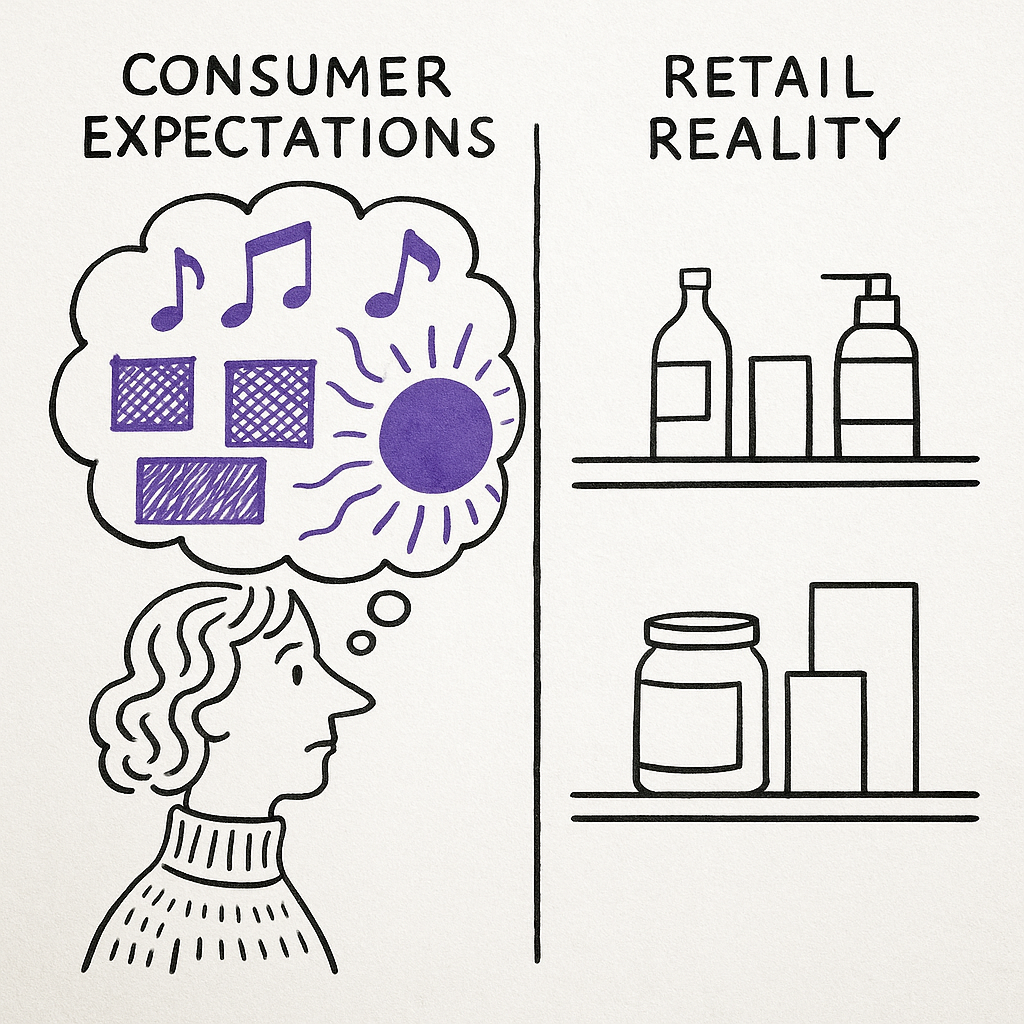 An illustration showing the contrast between consumer expectations and typical retail reality