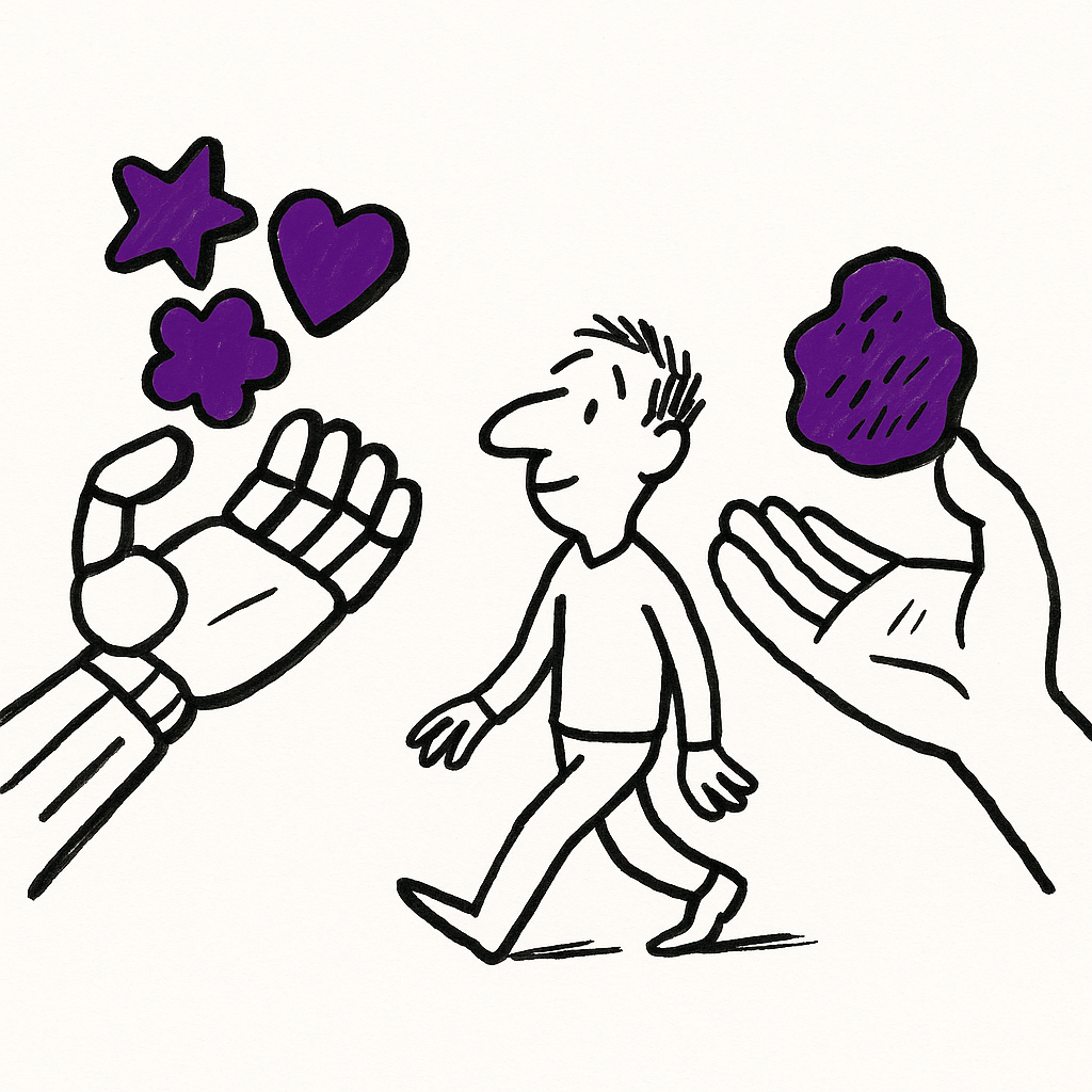 Conceptual illustration of authentic local connections versus AI-generated content