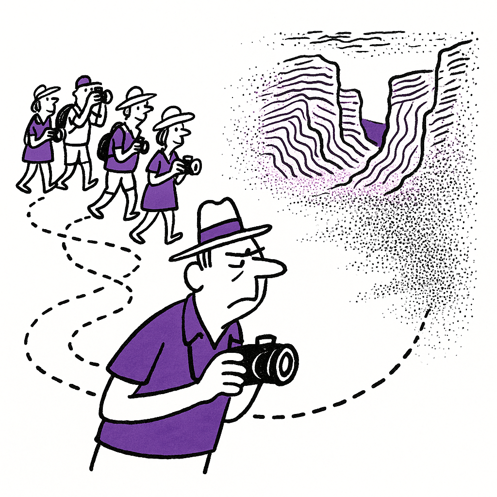 Conceptual illustration of tourists following AI-generated misinformation